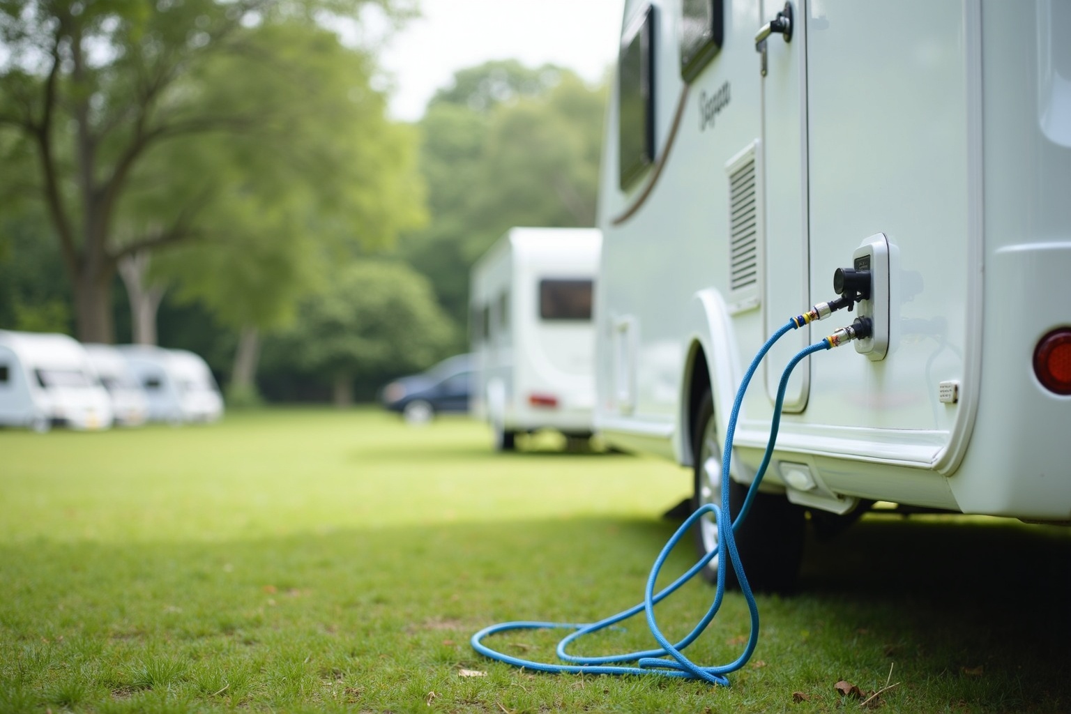 Wohnwagen wird auf eine Campingplatz-Parzelle gefahren