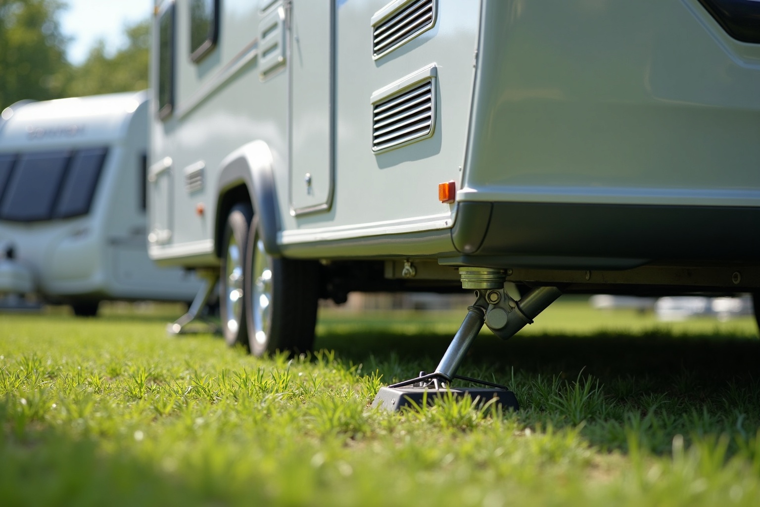 Paar stellt Wohnwagen zum ersten Mal auf einem Campingplatz auf