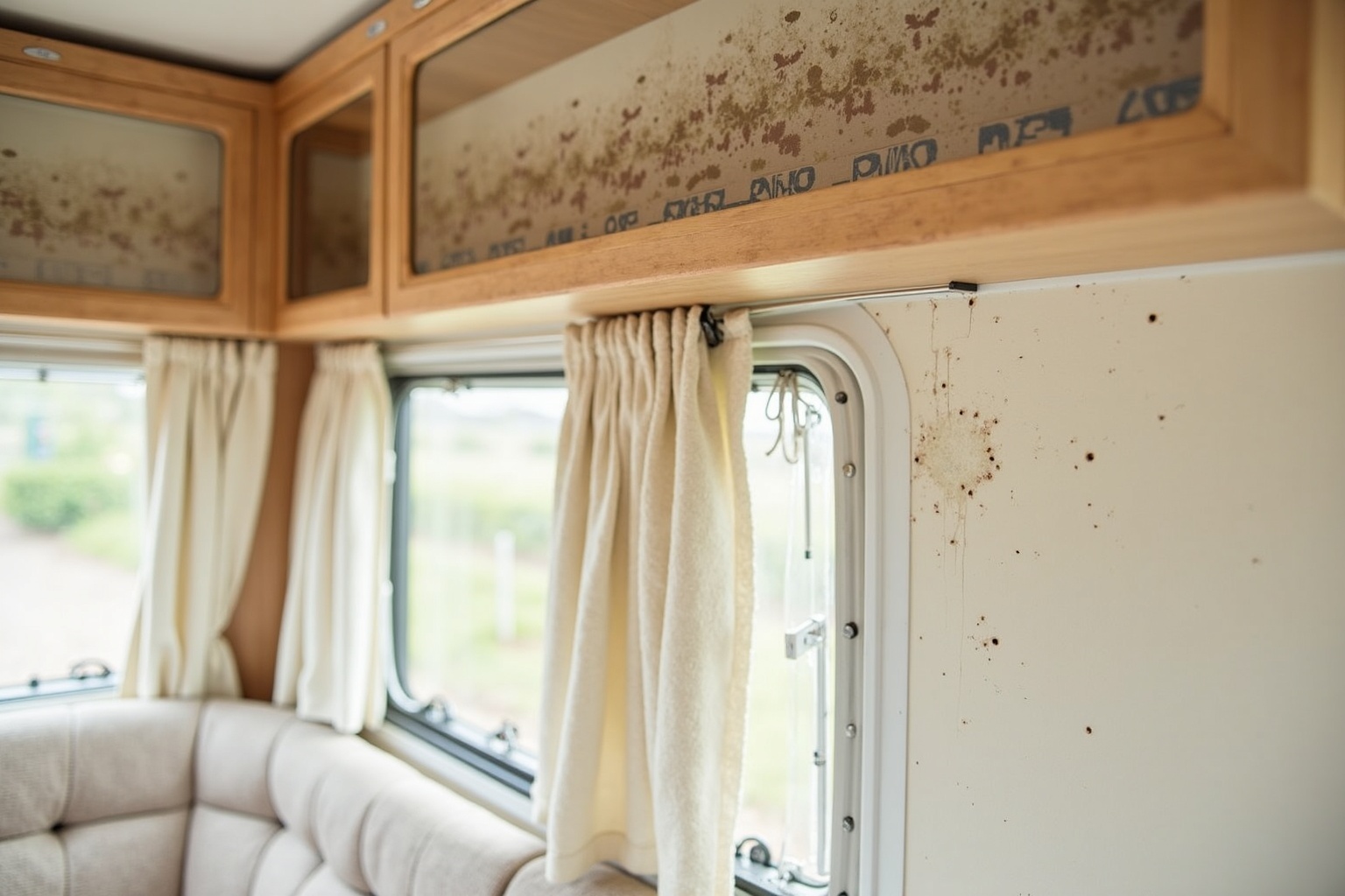 Feuchtigkeitsmessgerät wird an eine Wohnwagenwand gehalten