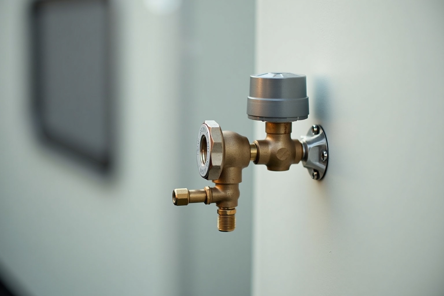 Gasflaschen und Druckminderer im Gaskasten eines Wohnwagens