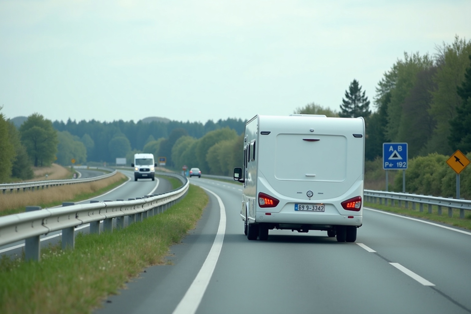 Auto mit Wohnwagen auf einer deutschen Autobahn bei Tempo 100