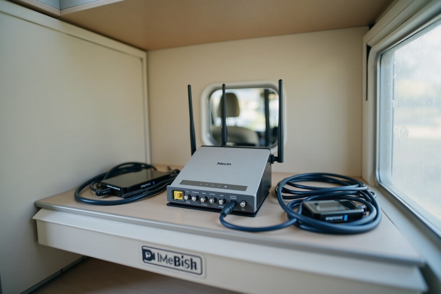 LTE-Router mit Antenne auf dem Tisch im Wohnwagen