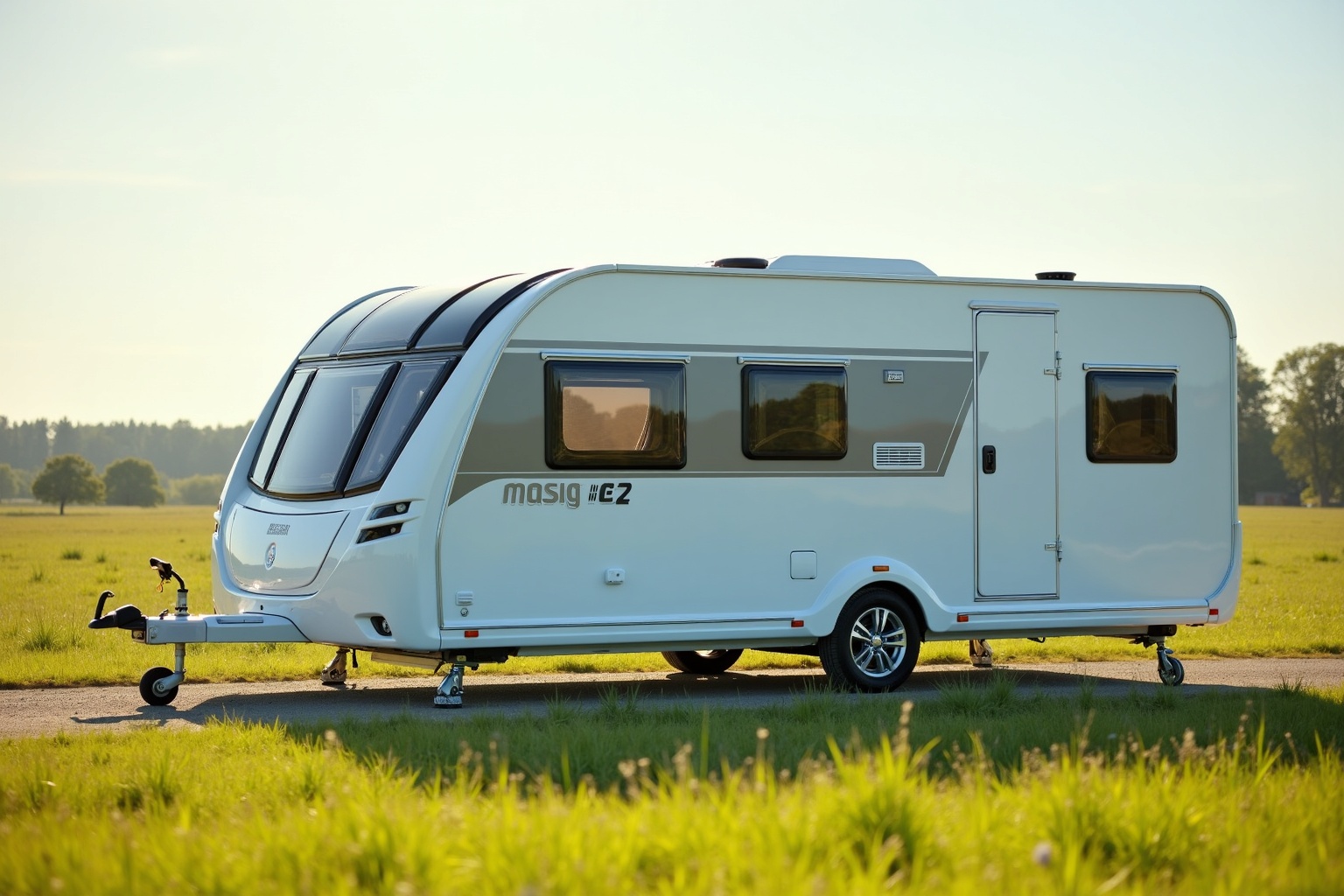 Familie begutachtet einen neuen Wohnwagen auf einem Caravanhändlergelände