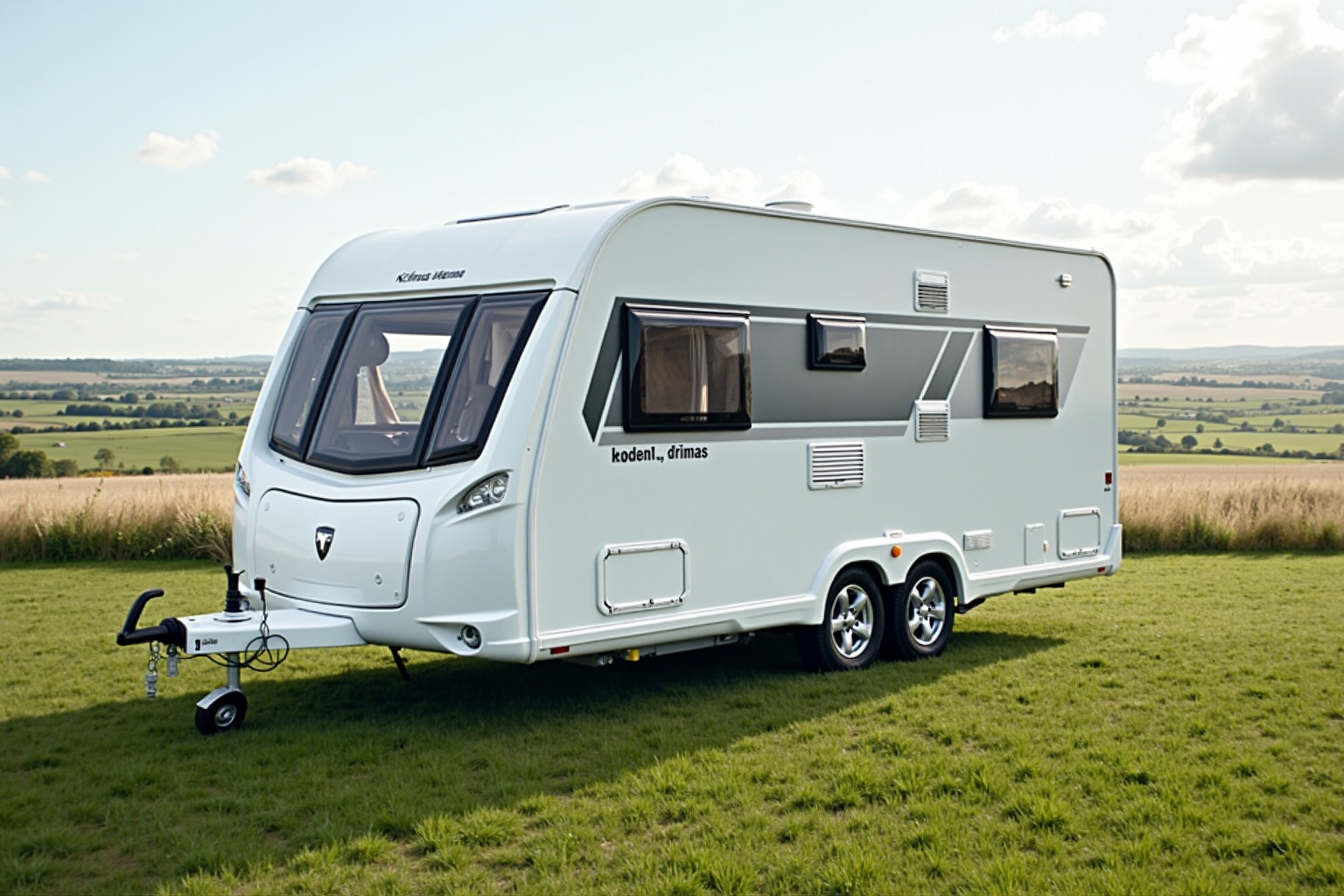 Taschenrechner und Notizbuch mit Kostenaufstellung neben einem Wohnwagen