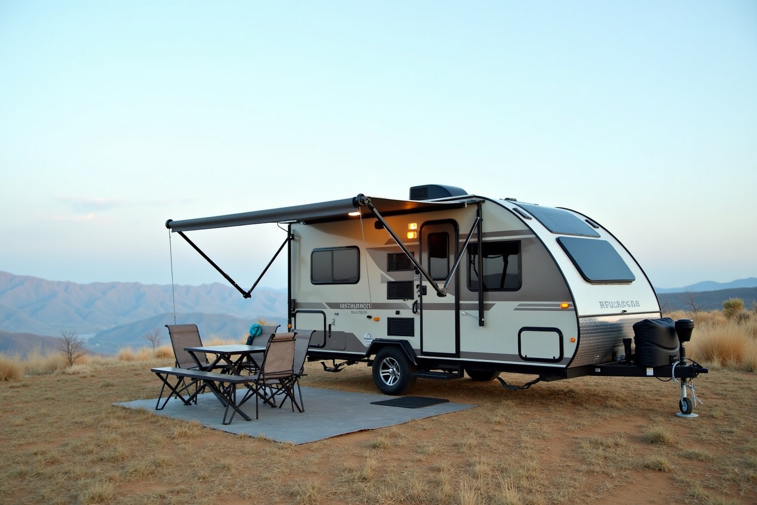 Wohnwagen auf einer langen Küstenstraße bei einer Langzeitreise