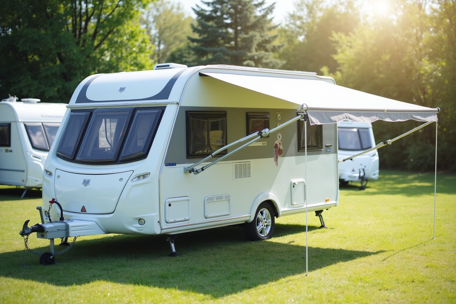 Mietwohnwagen auf einem Campingplatz bereit zur Abholung
