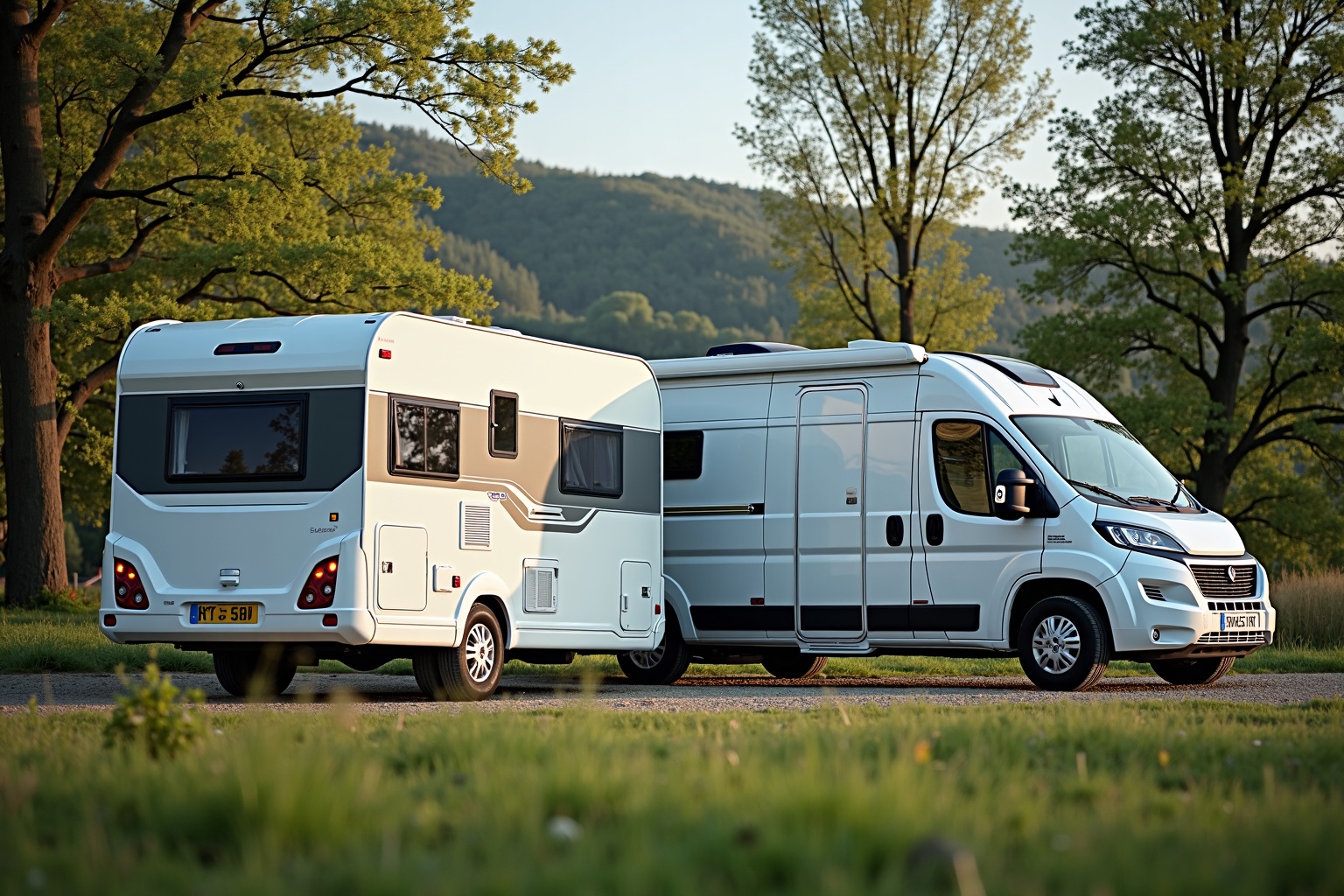 Wohnwagen und Wohnmobil nebeneinander auf einem Campingplatz