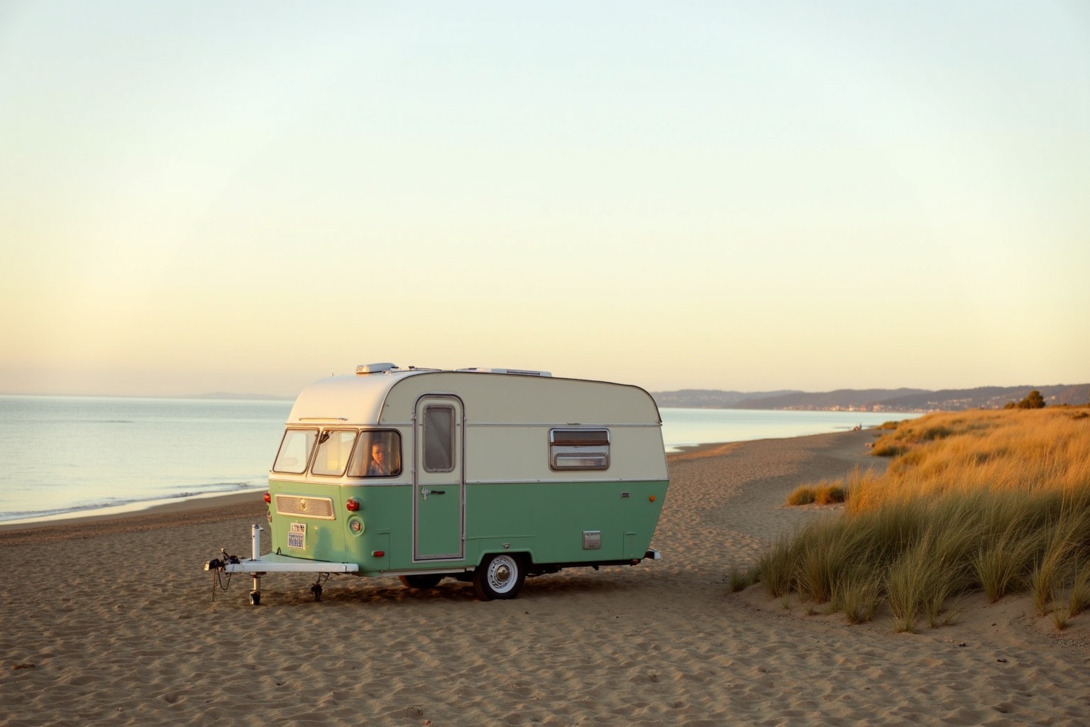 Wohnwagen auf einem Dünen-Campingplatz mit Meerblick