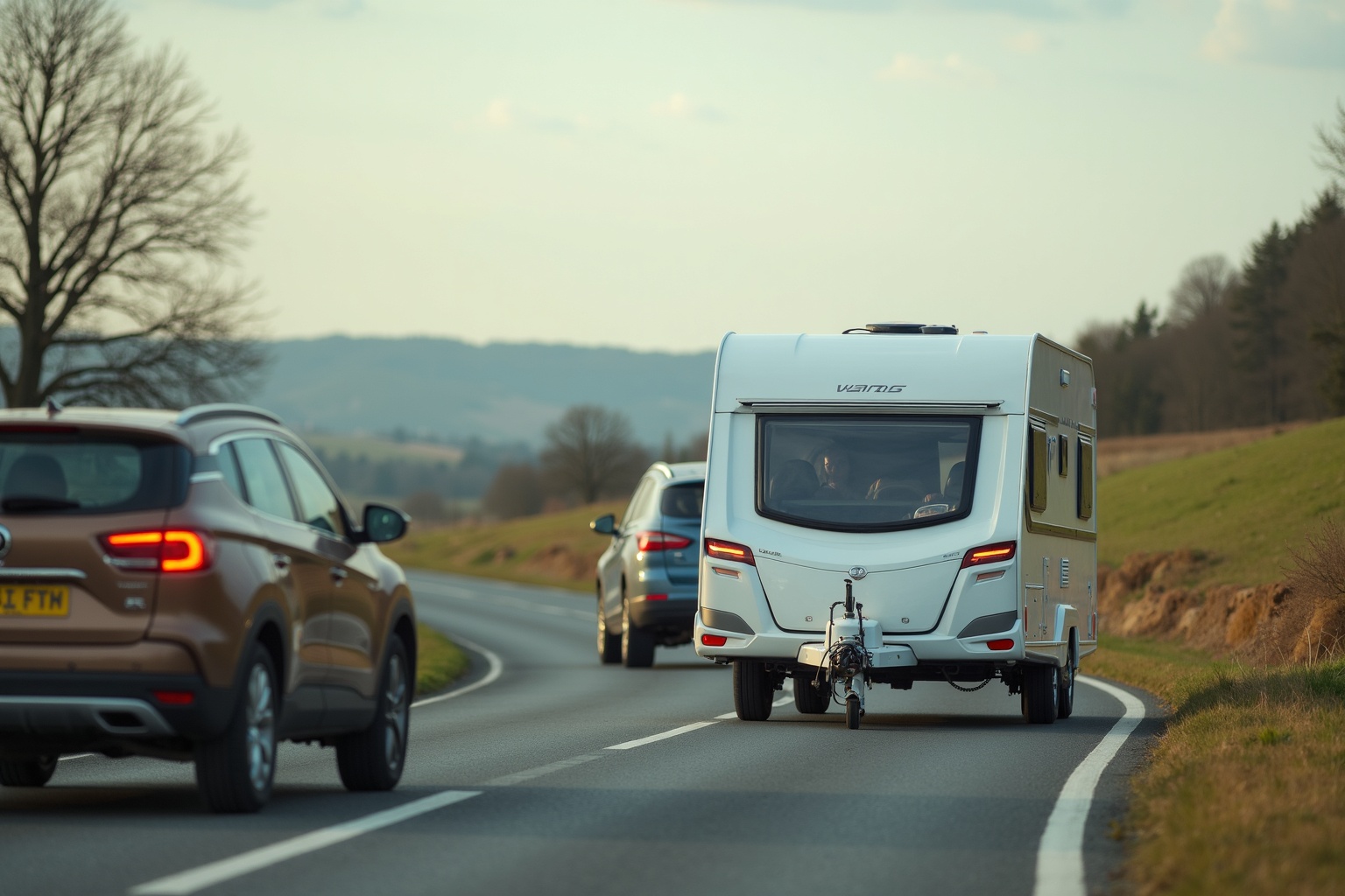 Interessent testet einen Wohnwagen auf einer Probefahrt über Land