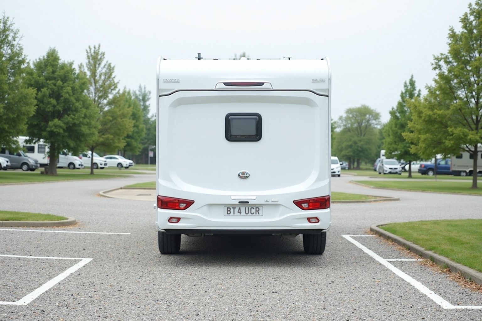 Fahrer rangiert Wohnwagen rückwärts auf einen engen Campingstellplatz