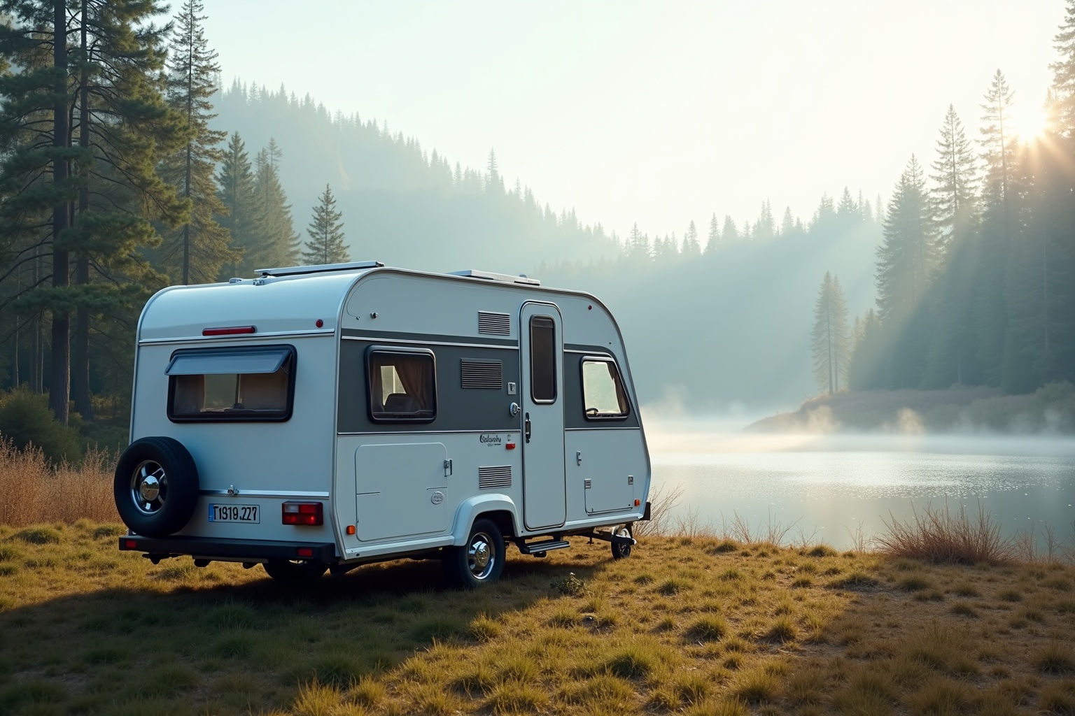 Wohnwagen an einem norwegischen Fjord bei Mitternachtssonne