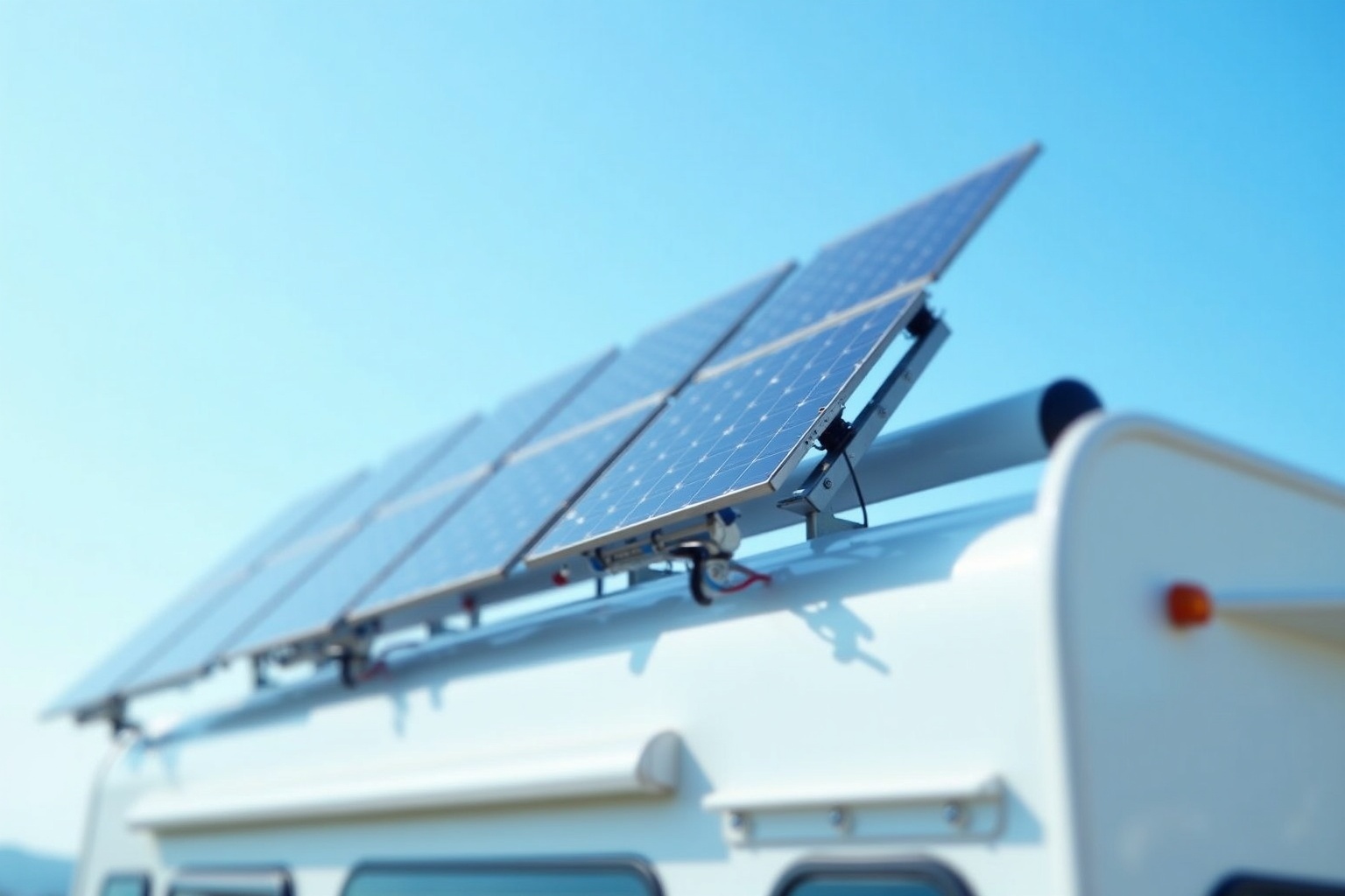 Solarmodule auf dem Dach eines Wohnwagens auf einem Stellplatz