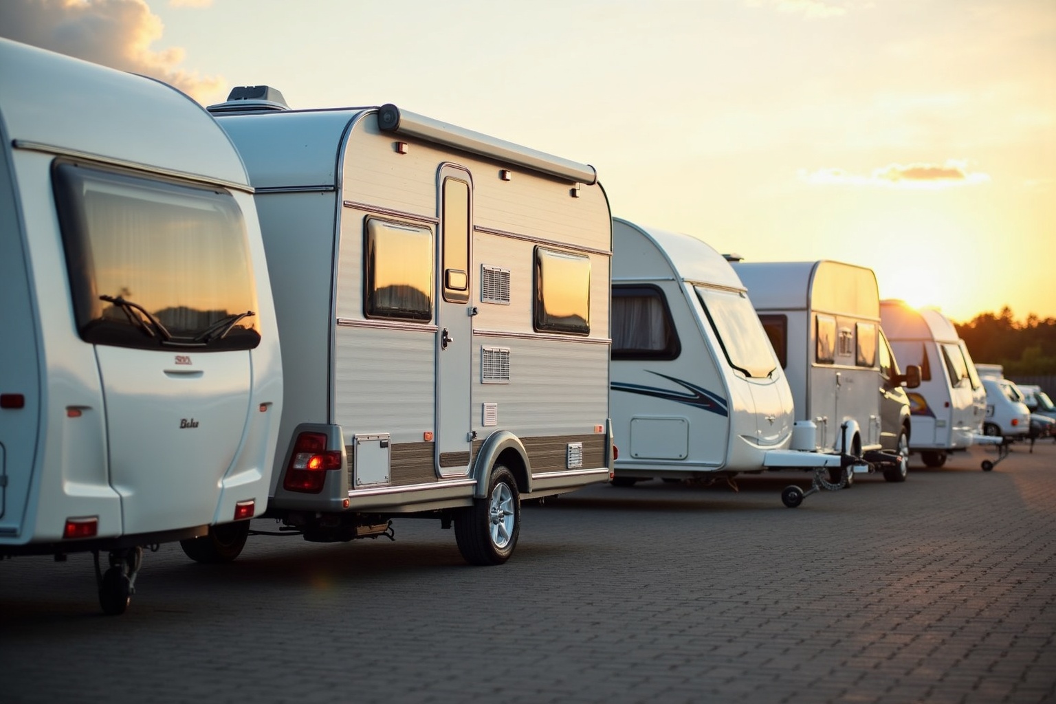 Verschiedene Wohnwagen-Typen nebeneinander auf einem Caravinggelände