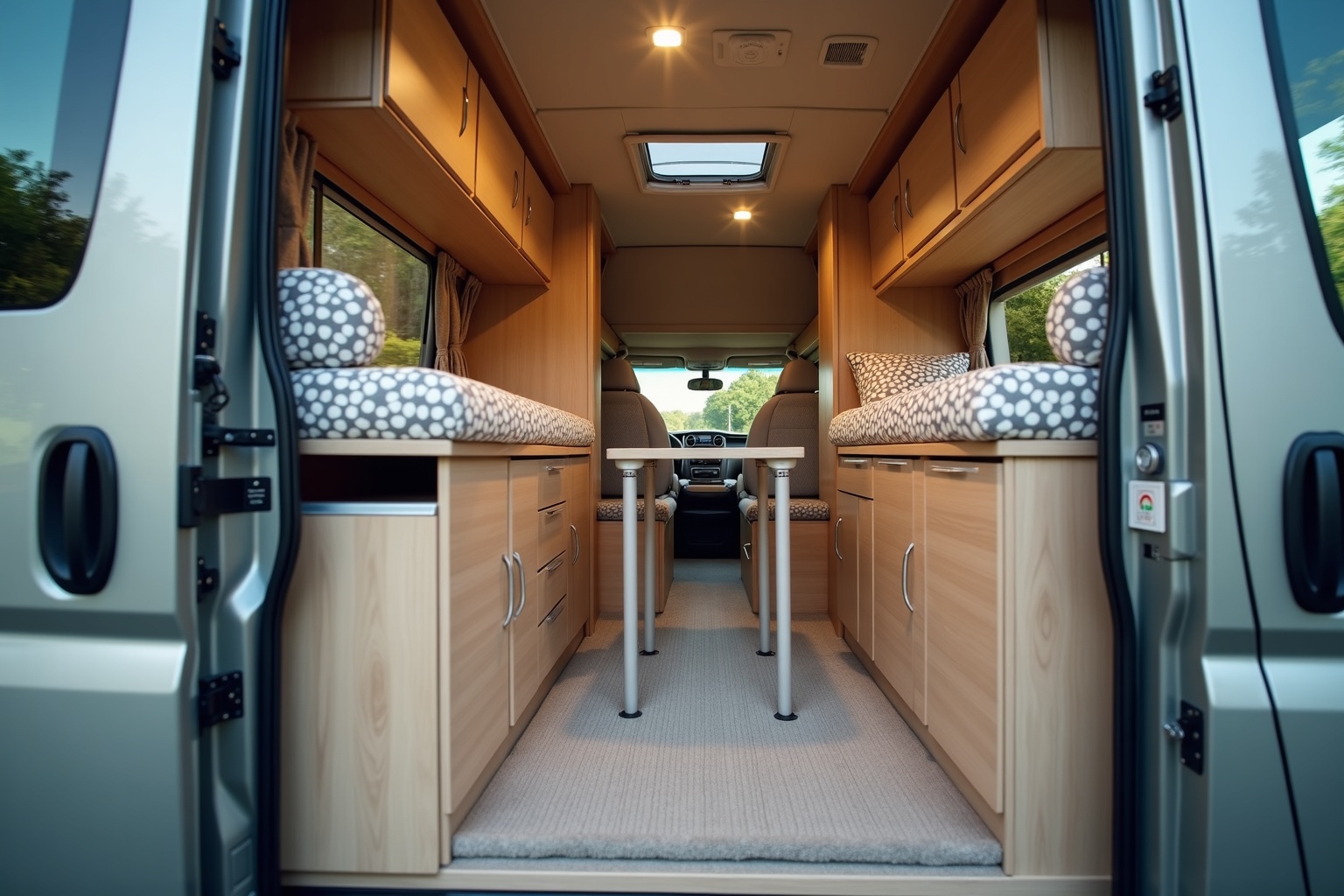 Familie mit Kindern am Campingtisch vor ihrem Wohnwagen