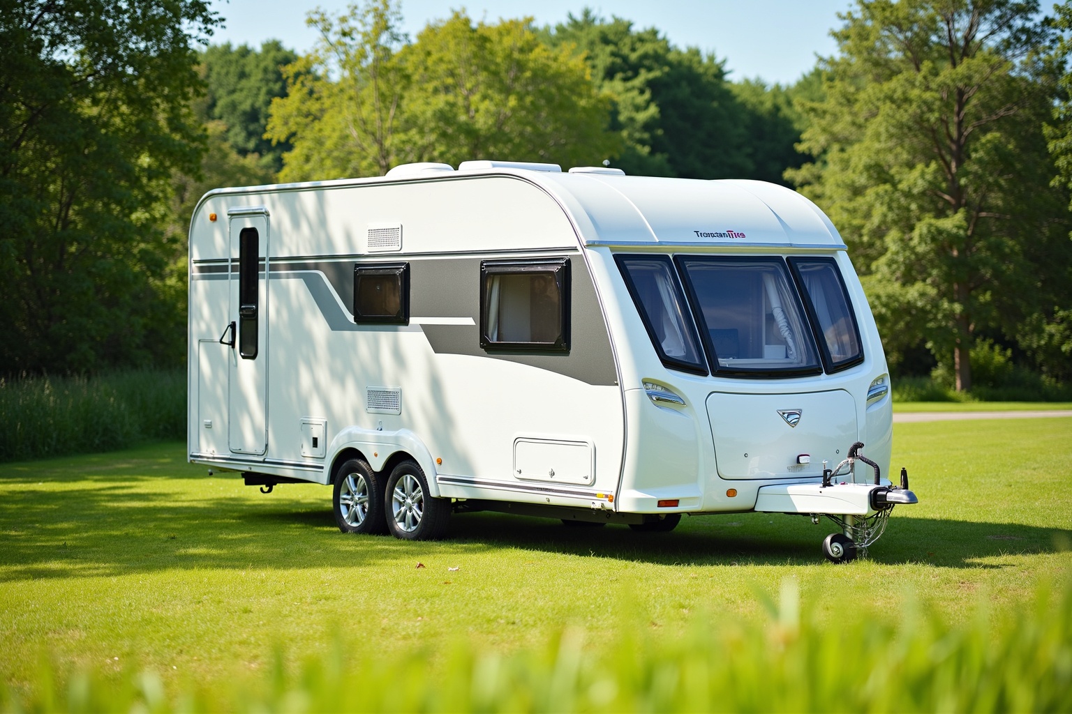 Versicherungsdokument neben einem Wohnwagen auf einem Campingplatz