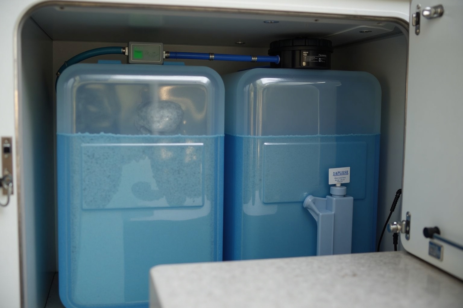 Frischwassertank wird im Wohnwagen gereinigt und desinfiziert