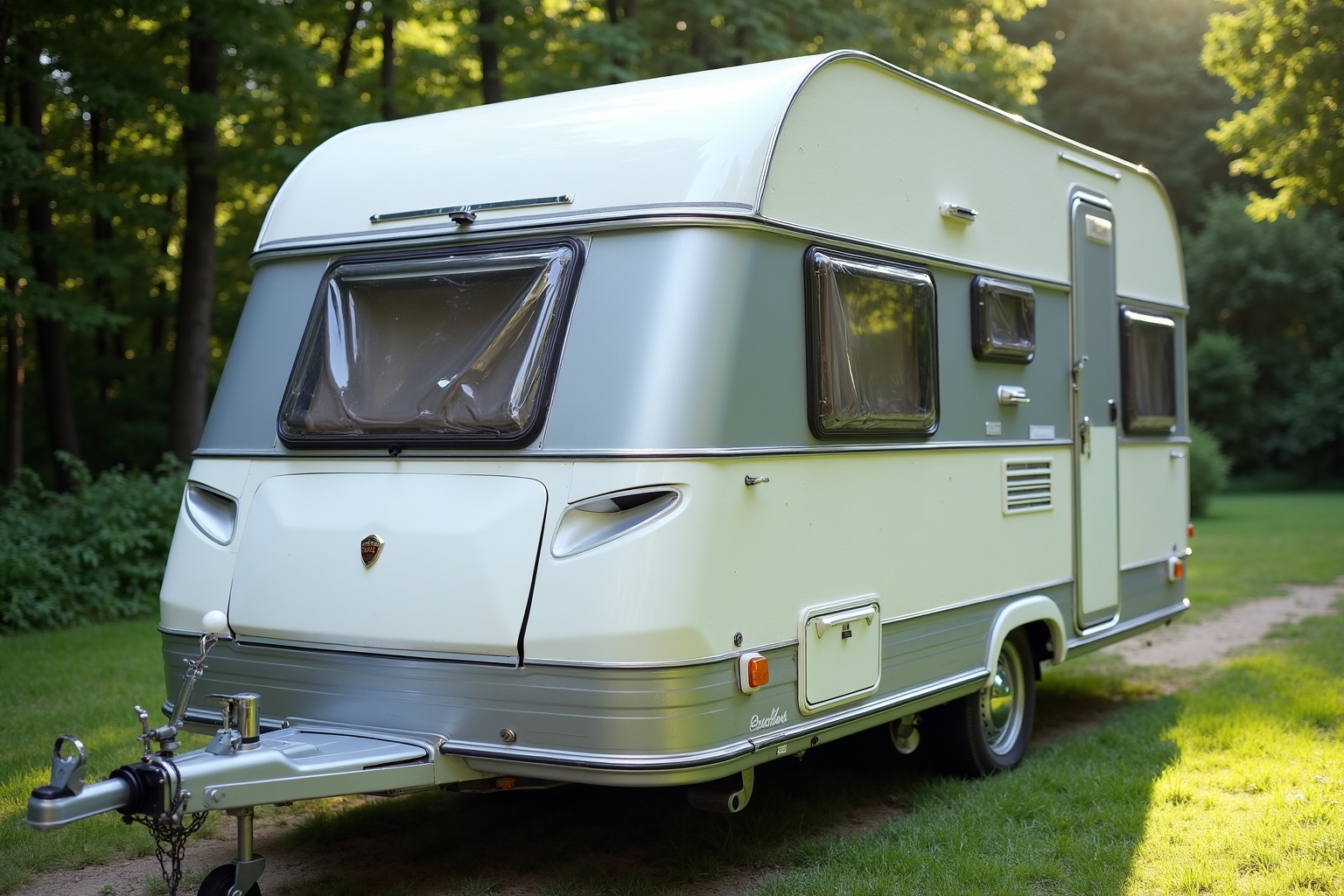 Besitzer pflegt und poliert die Außenhaut seines Wohnwagens