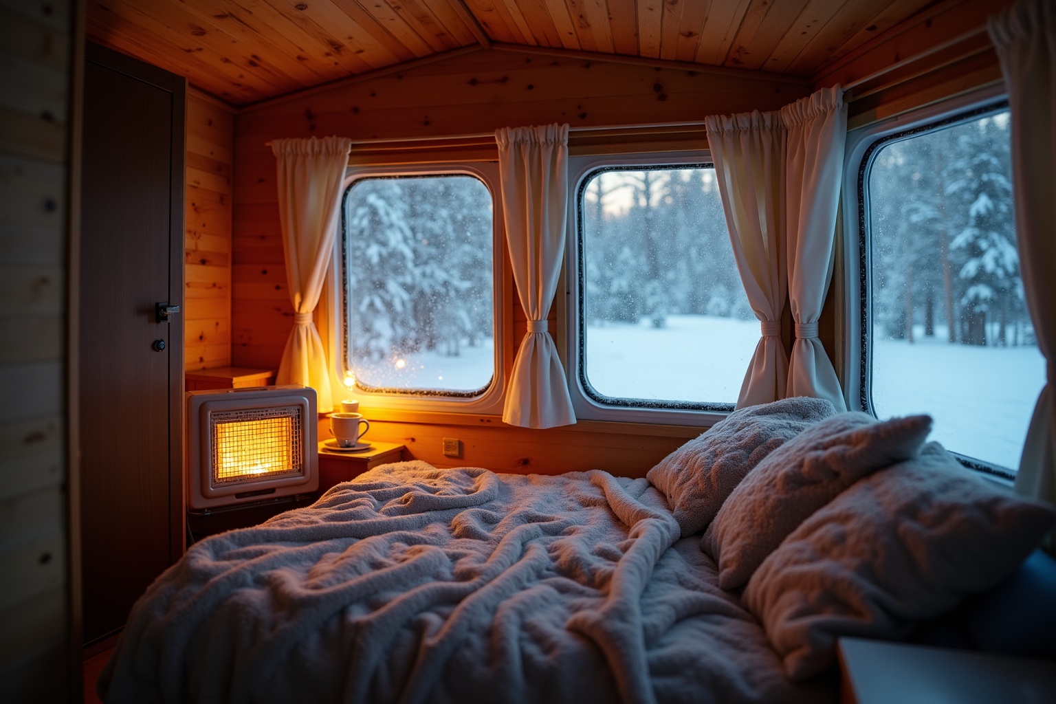 Wohnwagen auf einem verschneiten Winterstellplatz in den Alpen