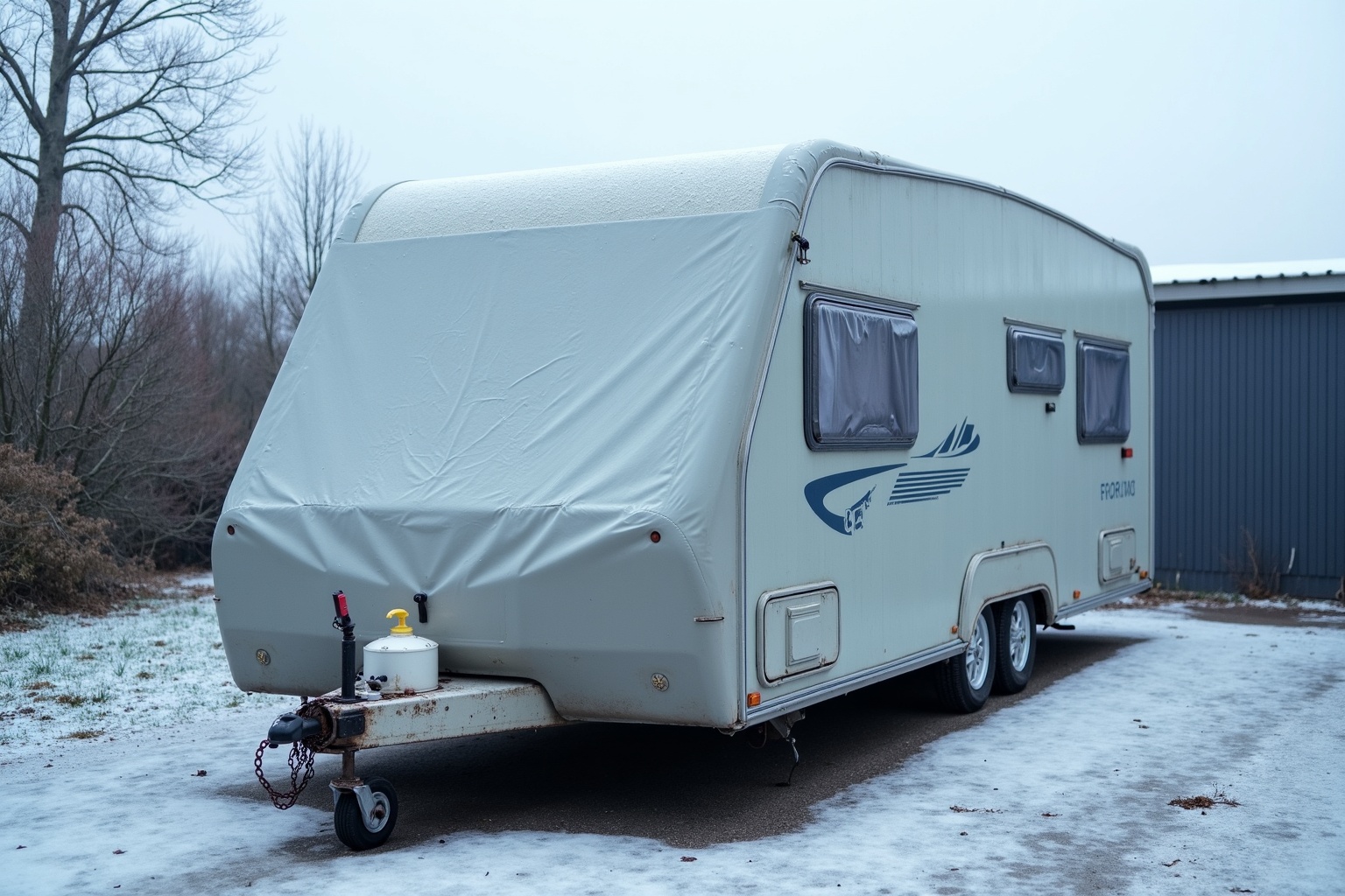 Wohnwagen wird für den Winter in einer Überwinterungshalle eingelagert