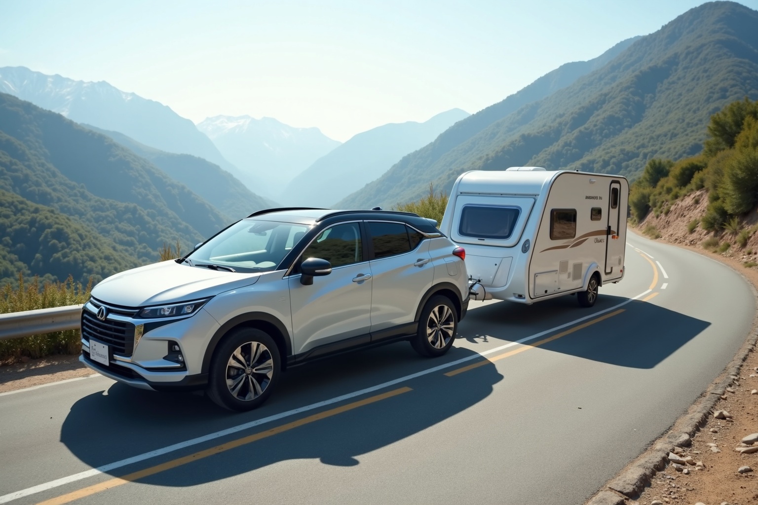 SUV mit passendem Wohnwagen auf einer deutschen Landstraße